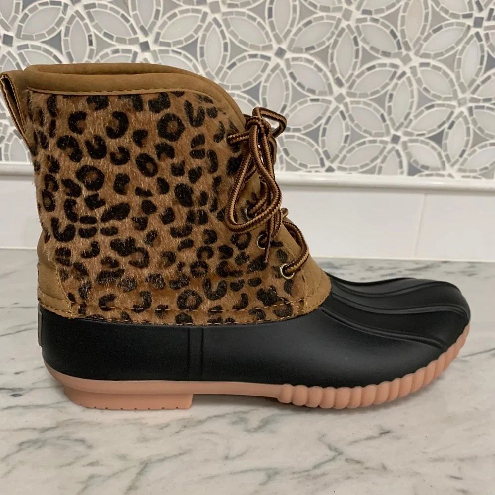Marleylilly Women's Leopard Print Duck Boots Waterproof Faux Fur Size‎ 8